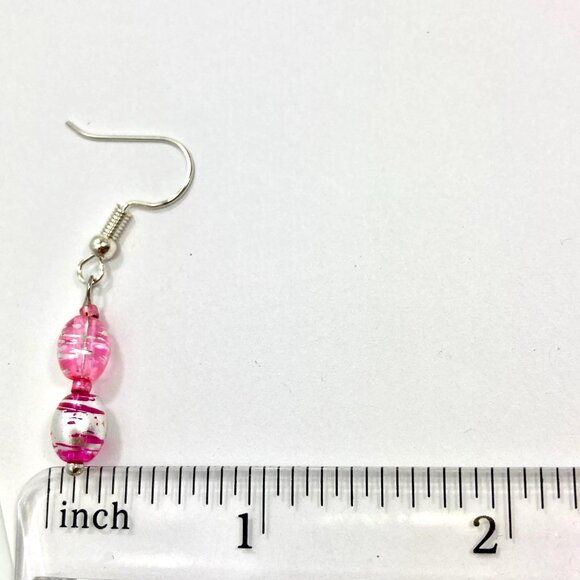 Murano Style Pink Silver Art Glass Bead Earrings Plated Dainty Dangle Handmade - Picture 6 of 7